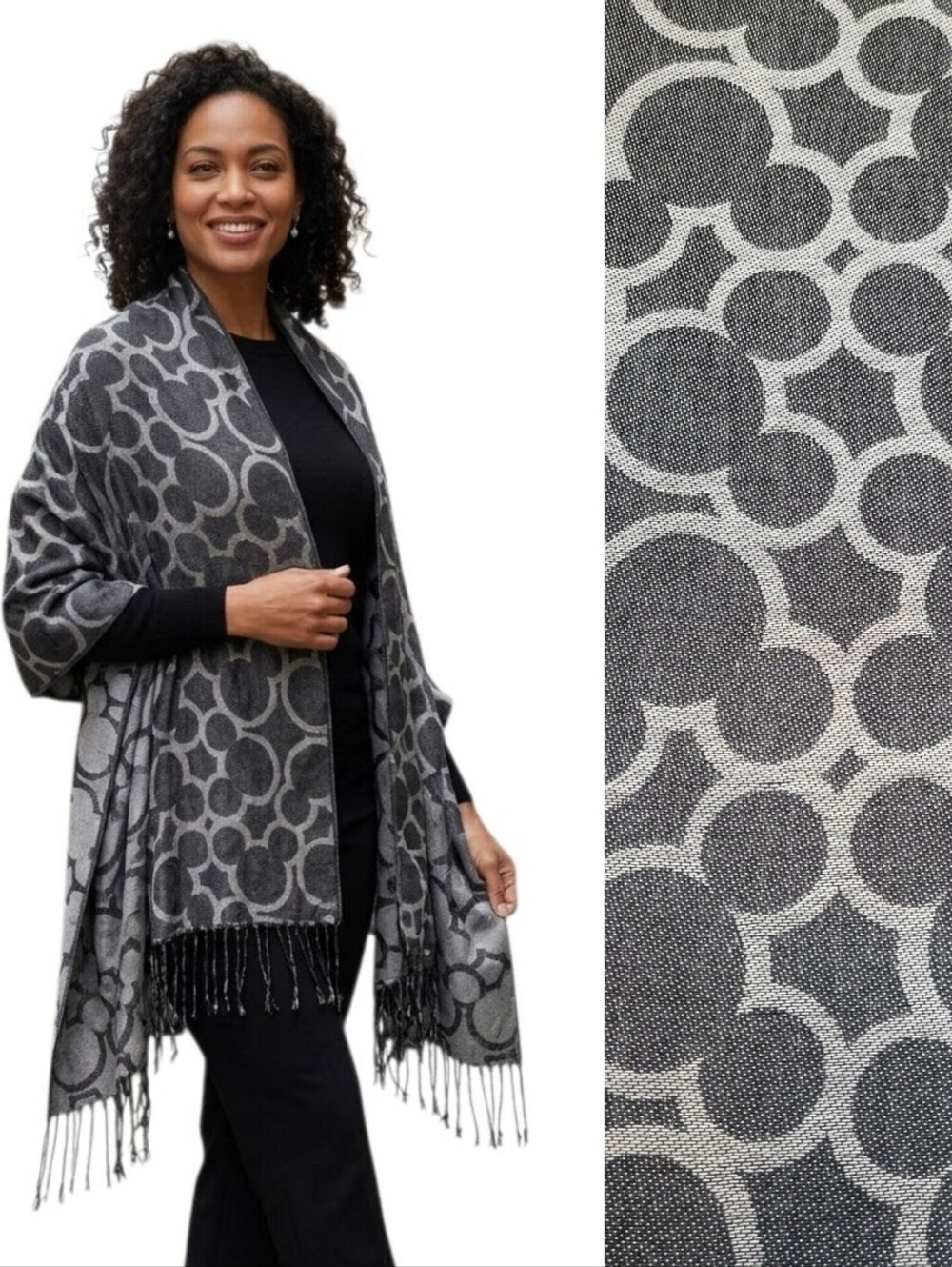 Disney Parks Mickey Mouse Icon Scarf Wrap Pashmina Rayon Black Silver Fringe NWT